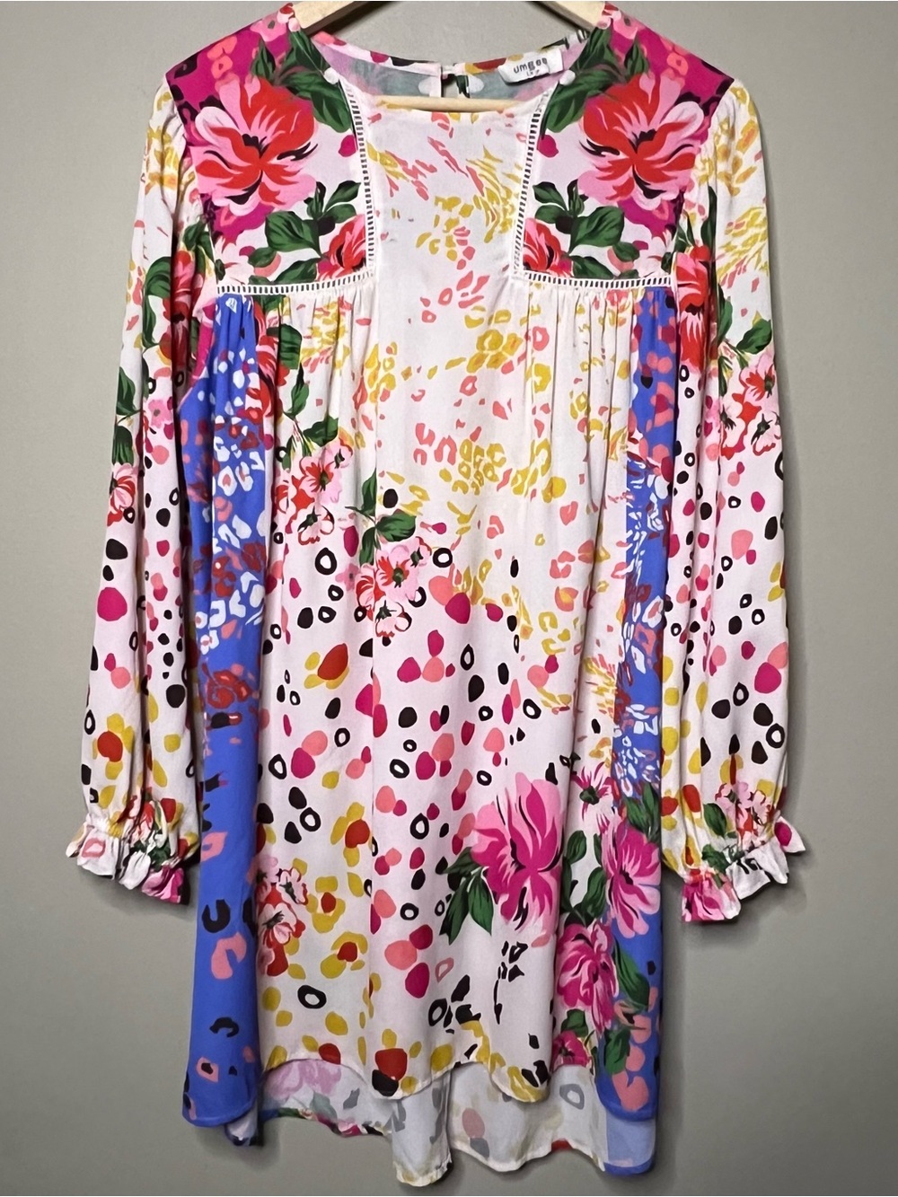 Umgee Mixed Print Crochet Trim Shift Dress Large Red Yellow White Long Sleeves